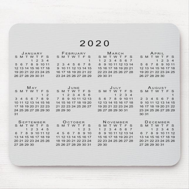 Mousepad Calendário 2020 Cinzas simples e preto (Frente)