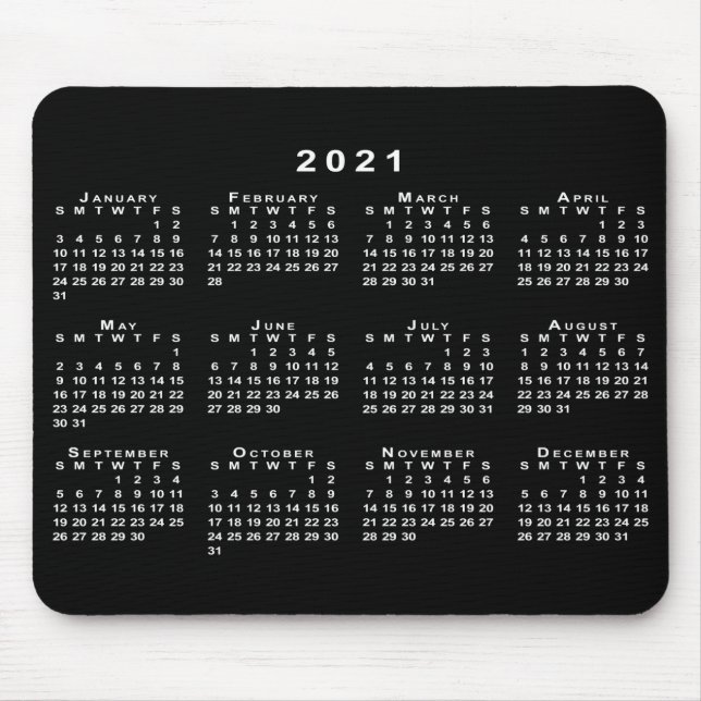 Mousepad Calendário 2021 preto e branco simples (Frente)