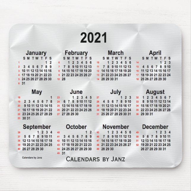 Mousepad Calendário 2021 Silver Satin 52 Semanas por Janz (Frente)