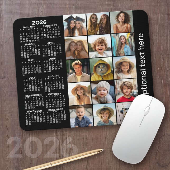 Mousepad Calendário 2023 - Colagem de fotos preta (2026 Calendar with a Photo Collage on a Mousepad)