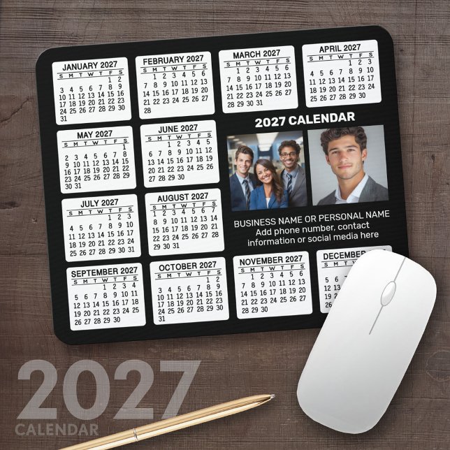 Mousepad Calendário 2023 com 2 fotos e texto - Branco preto (2027 Calendar Mousepad)