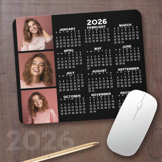 Mousepad Calendário 2023 com 3 Colagem de Fotos - preto (2026 Calendar with your logo or photos - Great Business Gift or Home Office Decor)