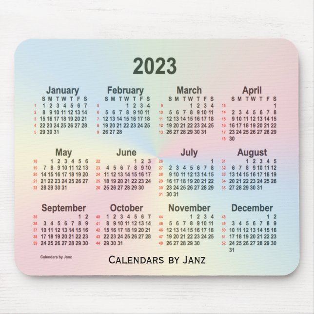 Mousepad Calendário 2023 da Rainbow Cloud 52 Weeks por Janz (Frente)