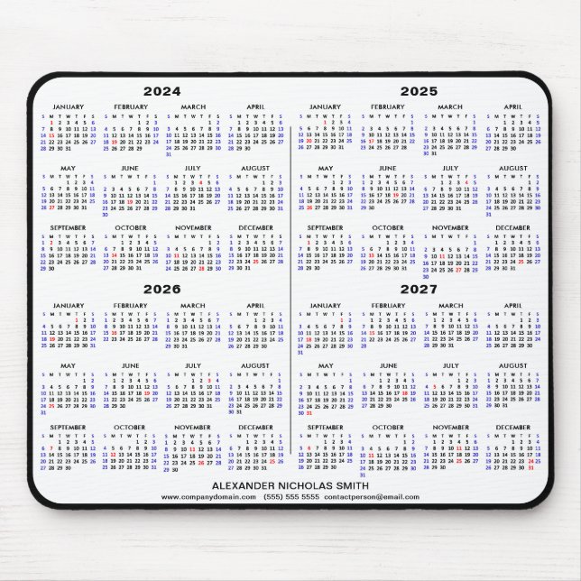 Mousepad Calendário 2024-2025 4 anos Calendário Preto Nome  (Frente)