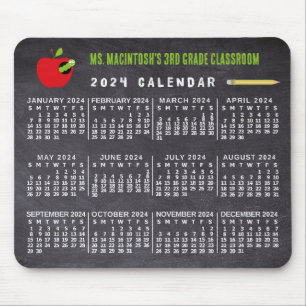 Mousepad Calendário 2024 Ano Nome do Professor de Escola de