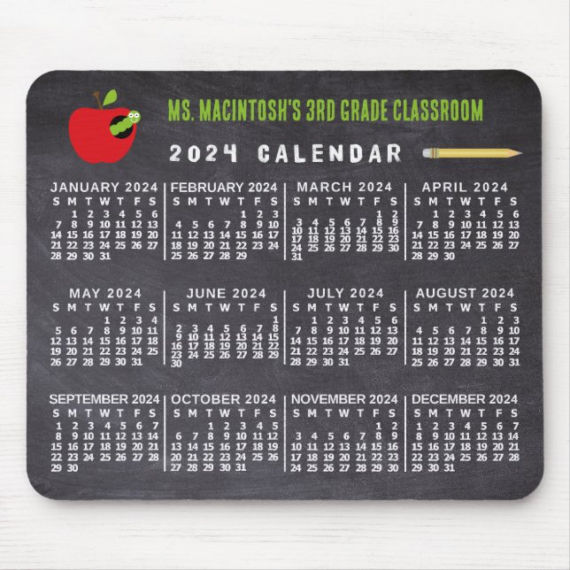 Mousepad Calendário 2024 Ano Nome do Professor de Escola de (Frente)