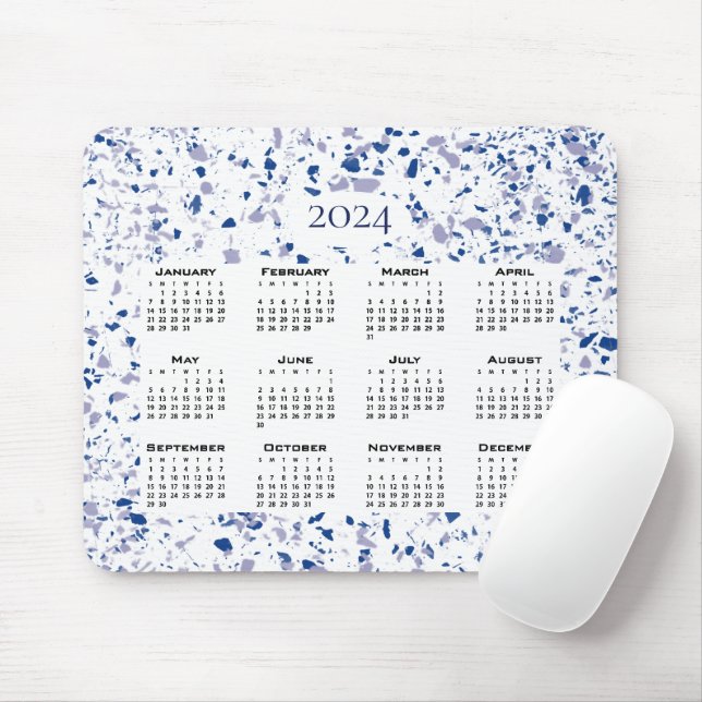 Mousepad Calendário 2024 Cinza Azul Branco Terrazzo Modern (Com mouse)