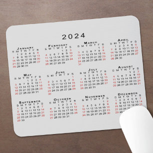 Mousepad Calendário 2024 Cinza Simples Vermelho Negro