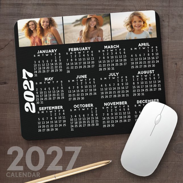 Mousepad Calendário 2024 com 3 Colagem de Fotos - preto (2027 Calendar Mousepad)