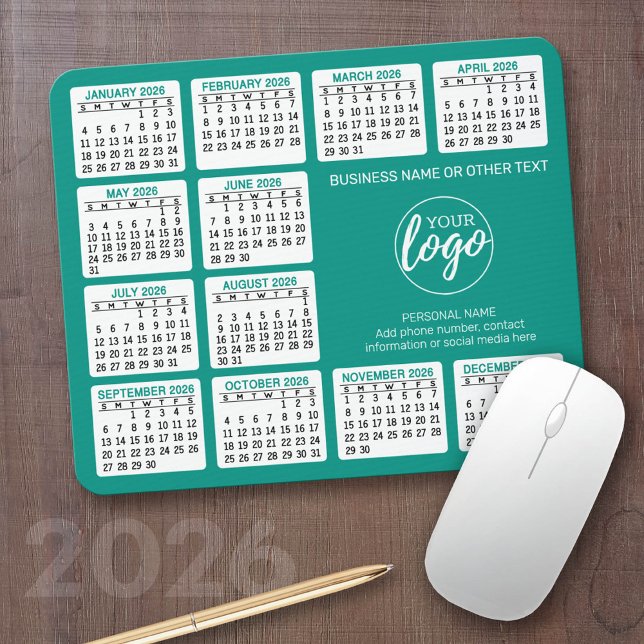 Mousepad Calendário 2024 com logotipo, Informações de conta (2026 Calendar with your logo or photos - Great Business Gift or Home Office Decor)