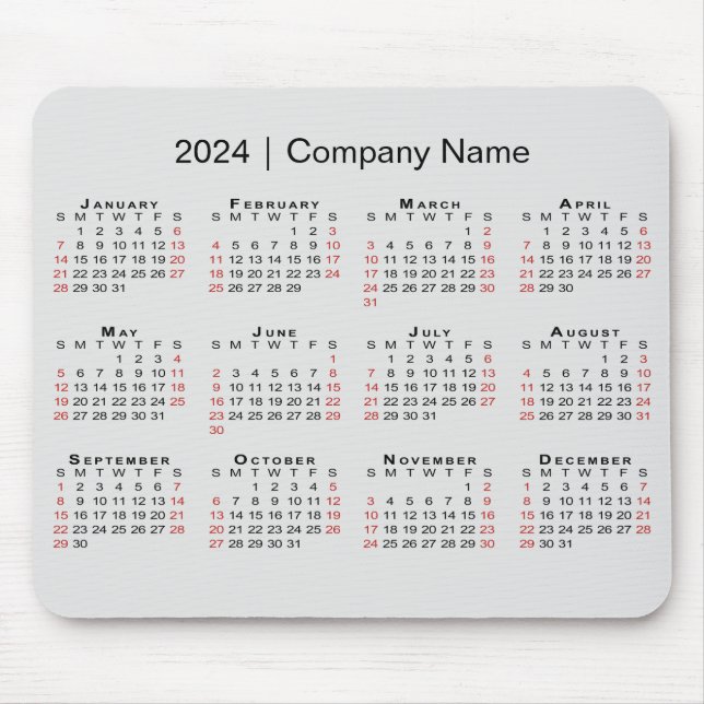 Mousepad Calendário 2024 com nome da empresa em Cinzas leve (Frente)