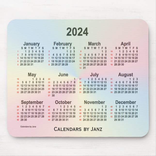 Mousepad Calendário 2024 da Rainbow Cloud 52 Weeks por Janz (Frente)