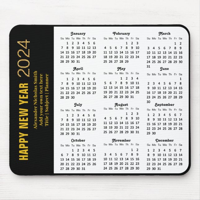 Mousepad Calendário 2024 Dourado Escrito Moderno Mínimo Pre (Frente)