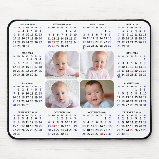 Mousepad Calendário 2024 Foto Simples da Família Modern Bla (Frente)