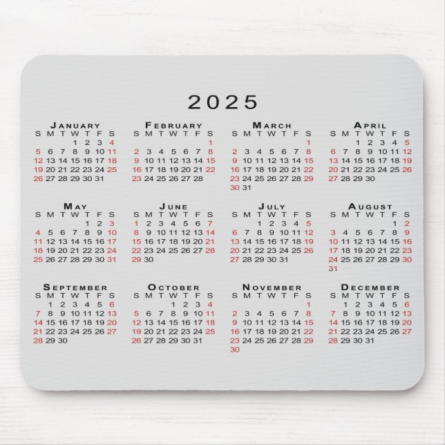 Mousepad Calendário 2025 Cinza Simples Vermelho Negro (Frente)