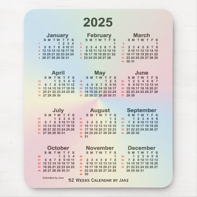 Mousepad Calendário 2025 da Rainbow Cloud 52 Week de Janz (Frente)