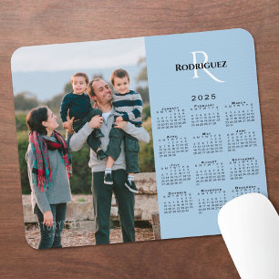 Mousepad Calendário 2025 Sua Foto Nome Monograma Azul Claro