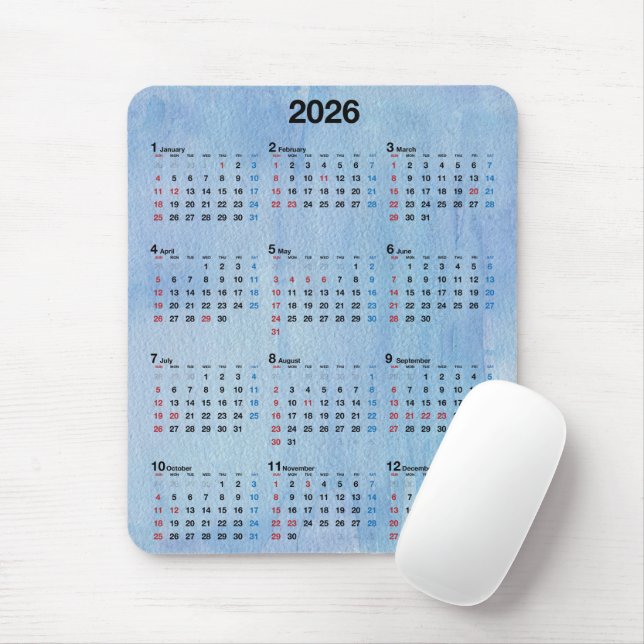 Mousepad Calendário 2026 Aquarela Azul Abstrato (Com mouse)