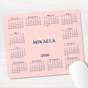 Mousepad Calendário 2026 Chic Monograma Nome em Rosa Coral