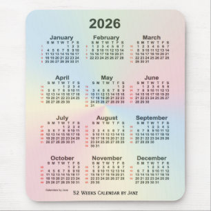 Mousepad Calendário 2026 da Rainbow Cloud 52 Semana por Jan