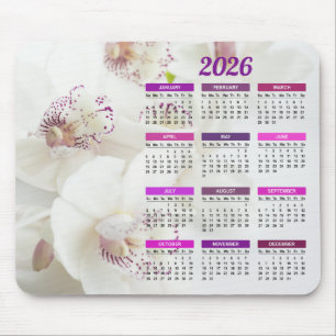 Mousepad Calendário 2026 Elegante White e Purple Orchids