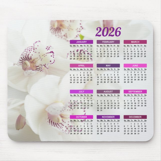 Mousepad Calendário 2026 Elegante White e Purple Orchids (Frente)