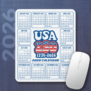 Mousepad Calendário 2026 - EUA 250 Vermelho Branco Azul