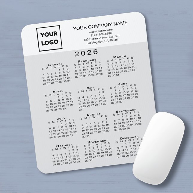 Mousepad Calendário 2026 Logotipo Texto Cinza Claro Branco (2026 Calendar Business Logo Text Light Grey White Mouse Pad with mouse)