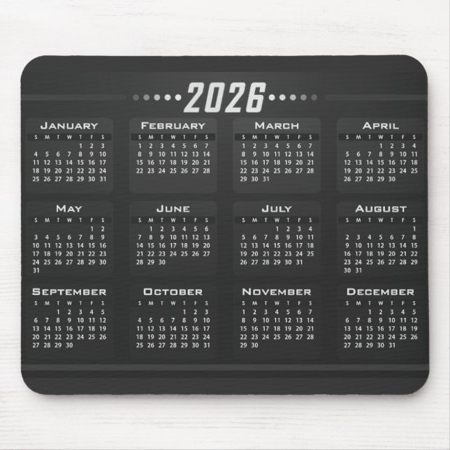 Mousepad Calendário 2026 Moderno Preto Branco (Frente)