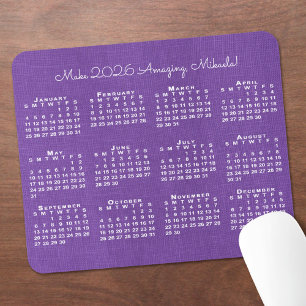 Mousepad Calendário 2026 Nome Personalizado Linho Roxo Foto