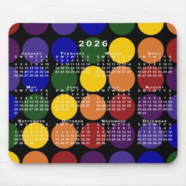 Mousepad Calendário 2026 Orgulho Arco-íris Bolinhas em Pret (Frente)