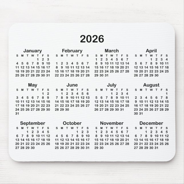 Mousepad Calendário 2026 Preto e Branco (Frente)