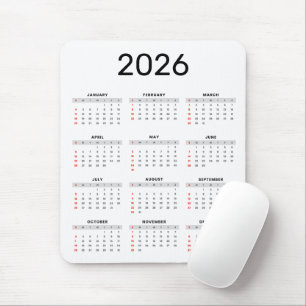 Mousepad Calendário 2026 Preto e Branco Simples