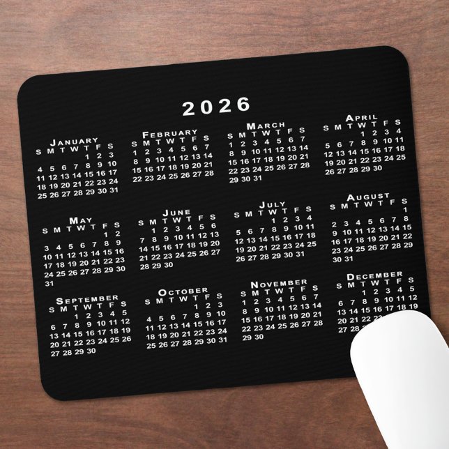 Mousepad Calendário 2026 preto e branco simples (Simple Black and White 2026 Calendar Mouse Pad, in situ)