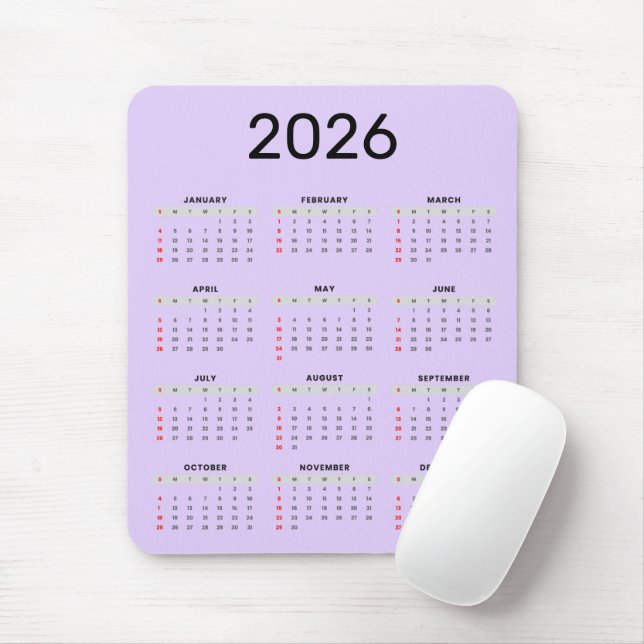 Mousepad Calendário 2026 preto e roxo simples (Com mouse)