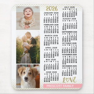 Mousepad Calendário 2026 Rosa Bege Dourado Colagem de Fotos