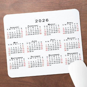 Mousepad Calendário 2026 Simples Branco Preto Vermelho