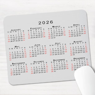 Mousepad Calendário 2026 Simples Cinza Preto Vermelho