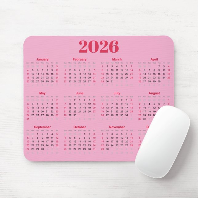 Mousepad Calendário 2026 simples em vermelho e rosa (Com mouse)