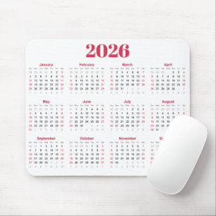 Mousepad Calendário 2026 simples vermelho e branco