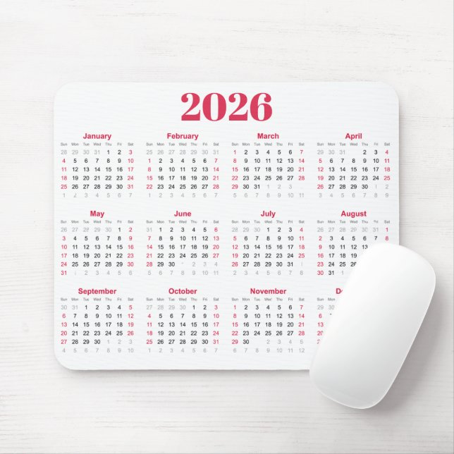 Mousepad Calendário 2026 simples vermelho e branco (Com mouse)