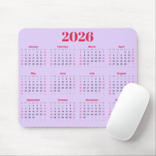 Mousepad Calendário 2026 simples vermelho e roxo