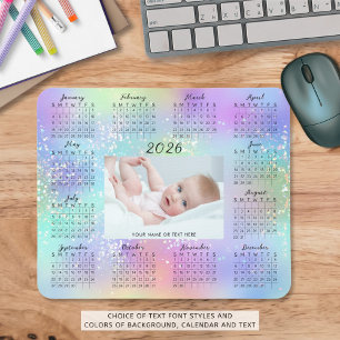 Mousepad Calendário 2026 - Um Foto - Script Glitter Rainbow