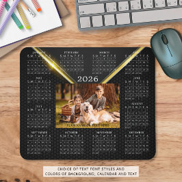 Mousepad Calendário 2026 Um Nome de Foto Preto Dourado