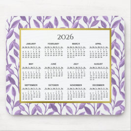 Mousepad Calendário 2026 Vinhas Florais Roxas e Douradas