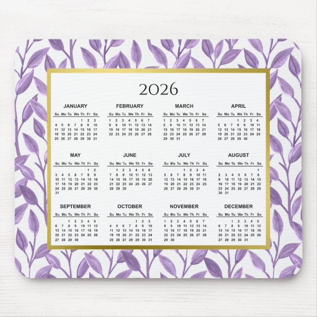 Mousepad Calendário 2026 Vinhas Florais Roxas e Douradas (Frente)