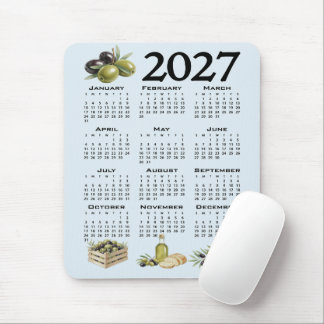 Mousepad Calendário 2027, Azeitonas Mediterrâneas, Azul