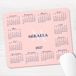 Mousepad Calendário 2027 Chic Monograma Nome Coral Rosa
