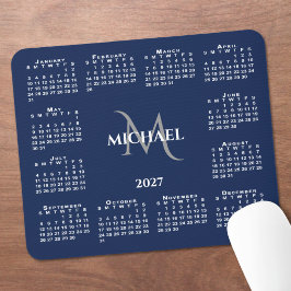 Mousepad Calendário 2027 Chic Monograma Nome em Azul Marinh