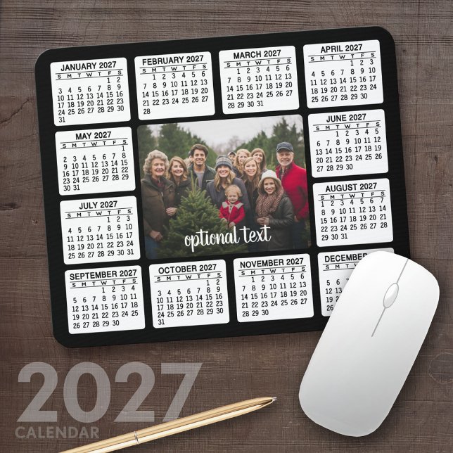 Mousepad Calendário 2027 com Foto no Centro Preto Branco (2027 Calendar Mousepad)